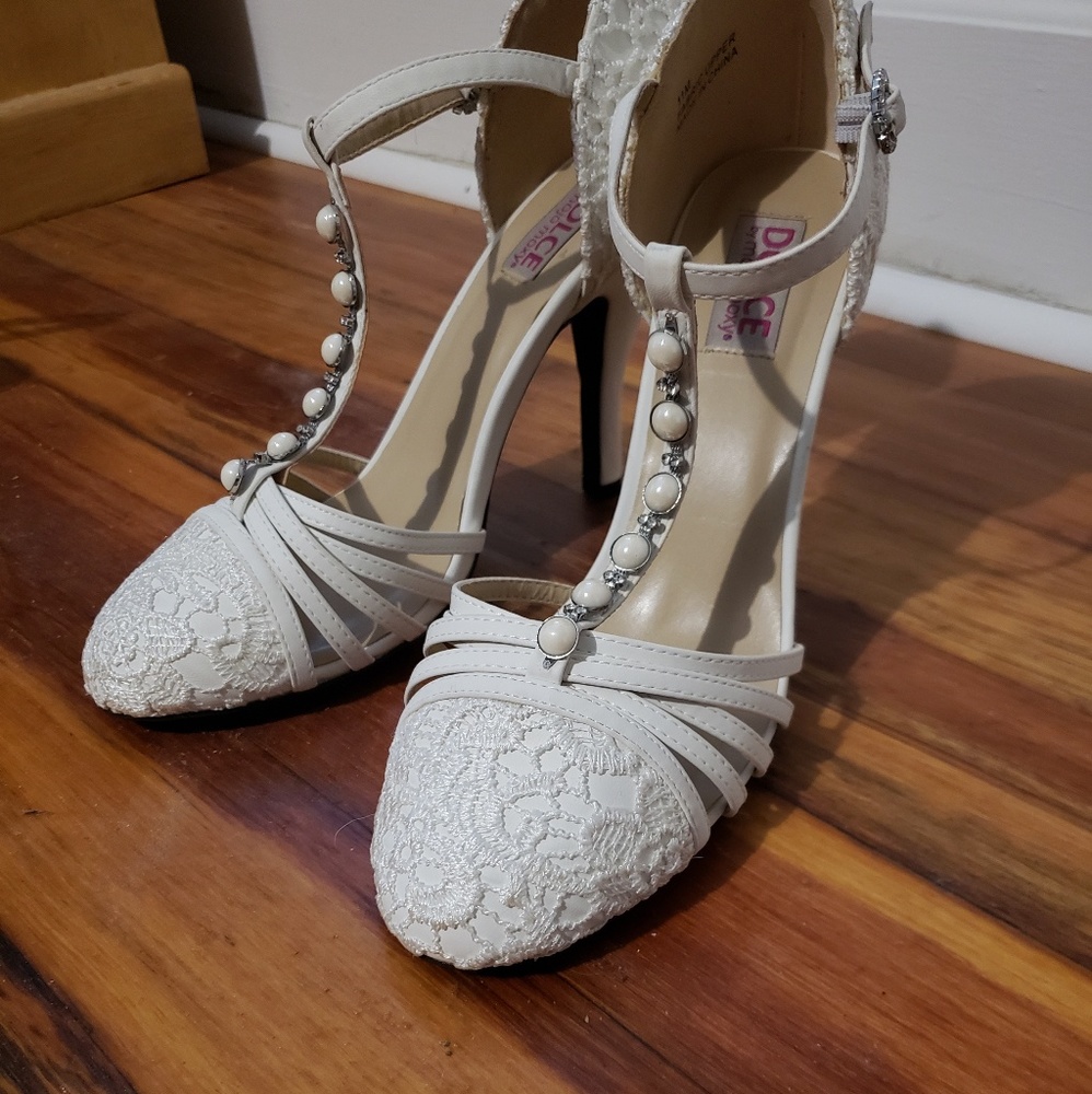 White Vintage Lace Heels